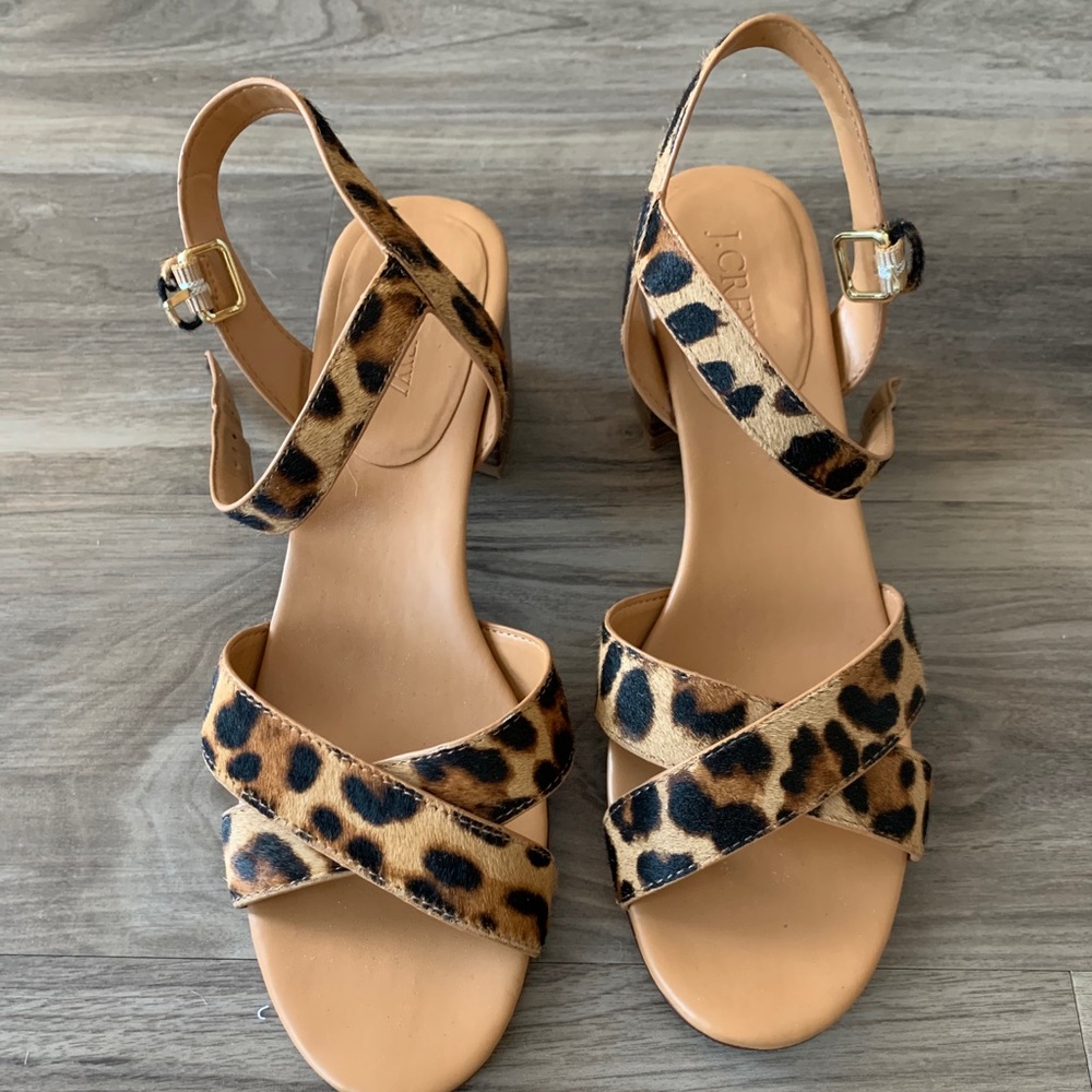 J. Crew calf hair cheetah low block heel sandals